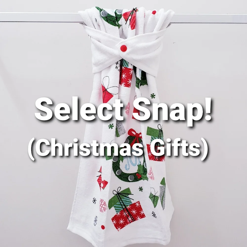 #0986-B ●NEW! Joy, wreath, gifts Hang'N'Snap Towel 🤍RED PLASTIC SNAP